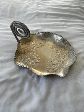 Vintage 1960's Floral Silver Aluminum Serving Trinket Tray Dish w Curly Handle